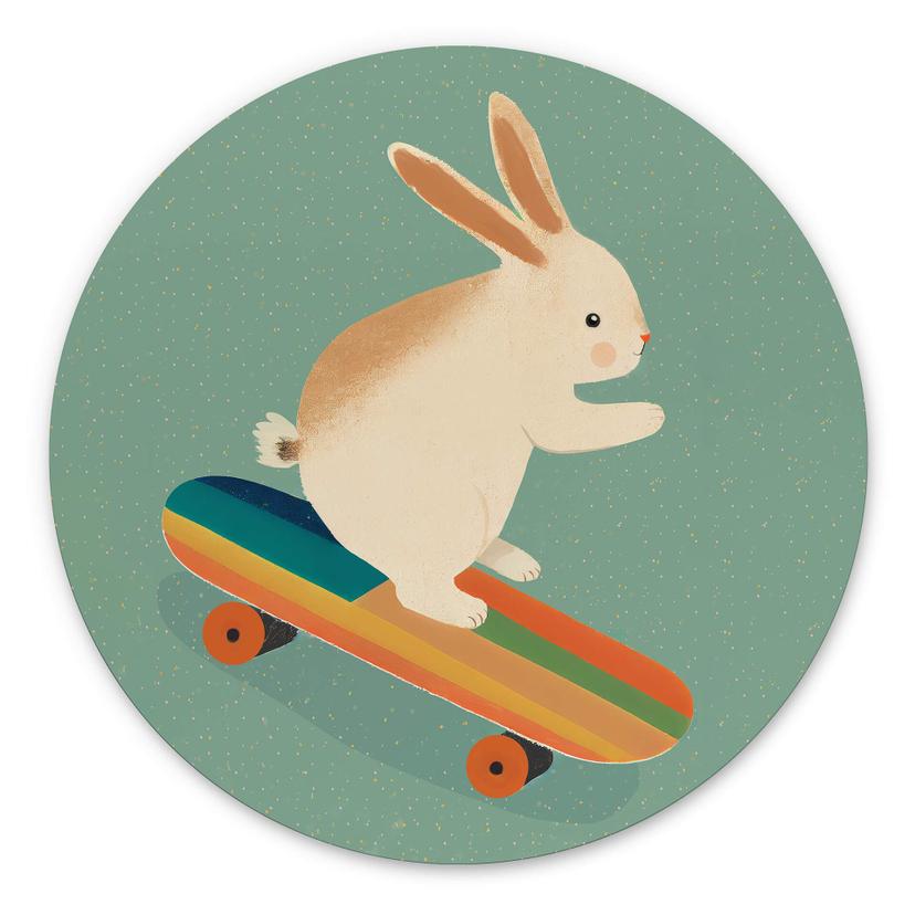 Vægcirkel Treechild - Skateboard Bunny – print på aluminium (Alu-Dibond)