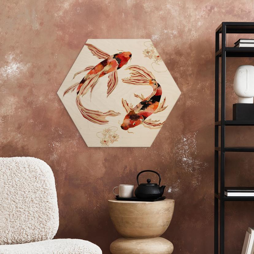 Hexagon Holzbild Zwei Kois im Teich - SpaceFrog Designs