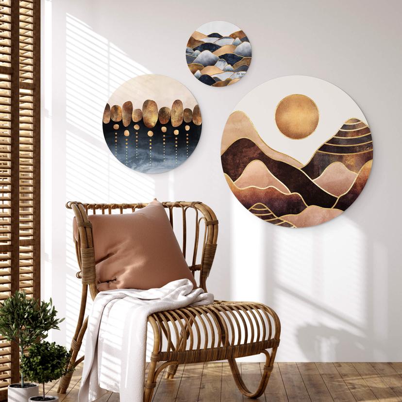 Tableau sur alu-Dibond rond Fredriksson - Montagnes dorées (set 3 pièces)