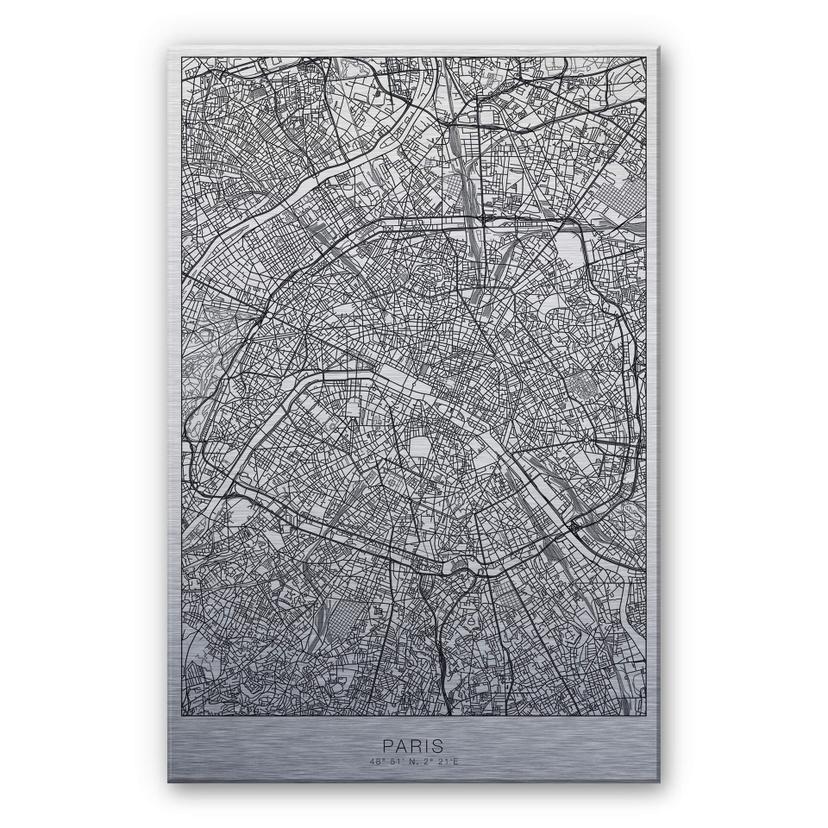 Alu-Dibond mit Silbereffekt Stadtplan Paris