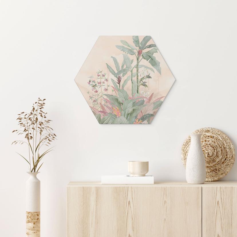 Stampe per pareti esagonali Idillio tropicale con colibrì albicocca - Bloomery Decor - alluminio dib