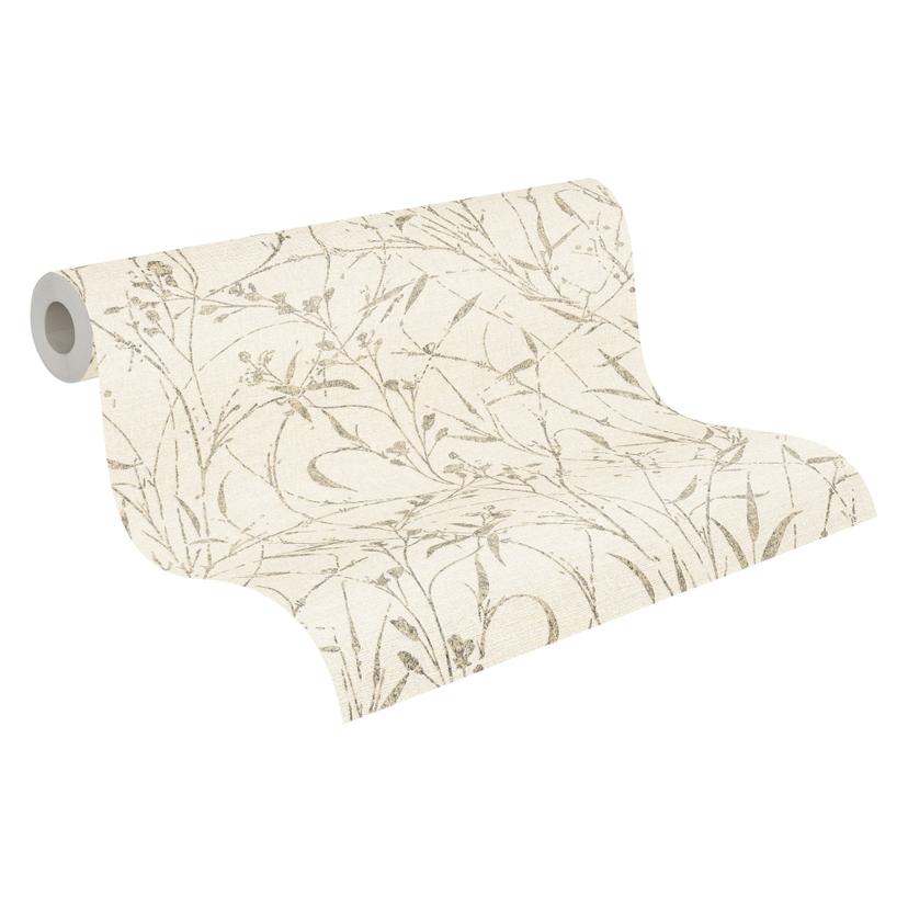 Papel pintado no tejido Fee Wild Free crema beige gris metalizado - hierbas flores silvestres salón