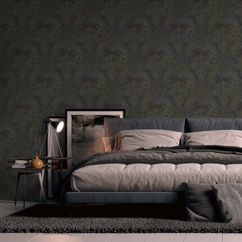 Non-woven tapet vintage barock svart, gul - non-woven tapet barock tapet med ornament