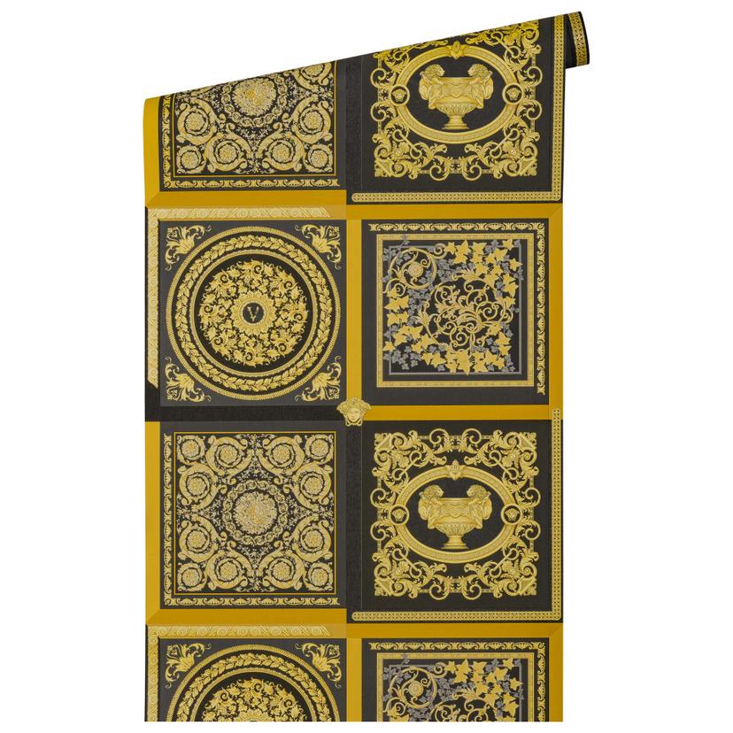 Versace barok tapet i sort og guld non-woven tapet blomstret design tapet med blomster og ranker