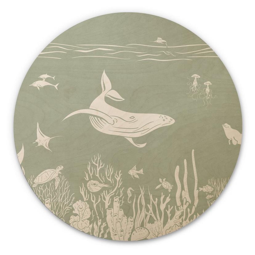 Tableau sur bois Récif corallien et animaux marins - Un voyage au vert - Kikki Belle - Rond