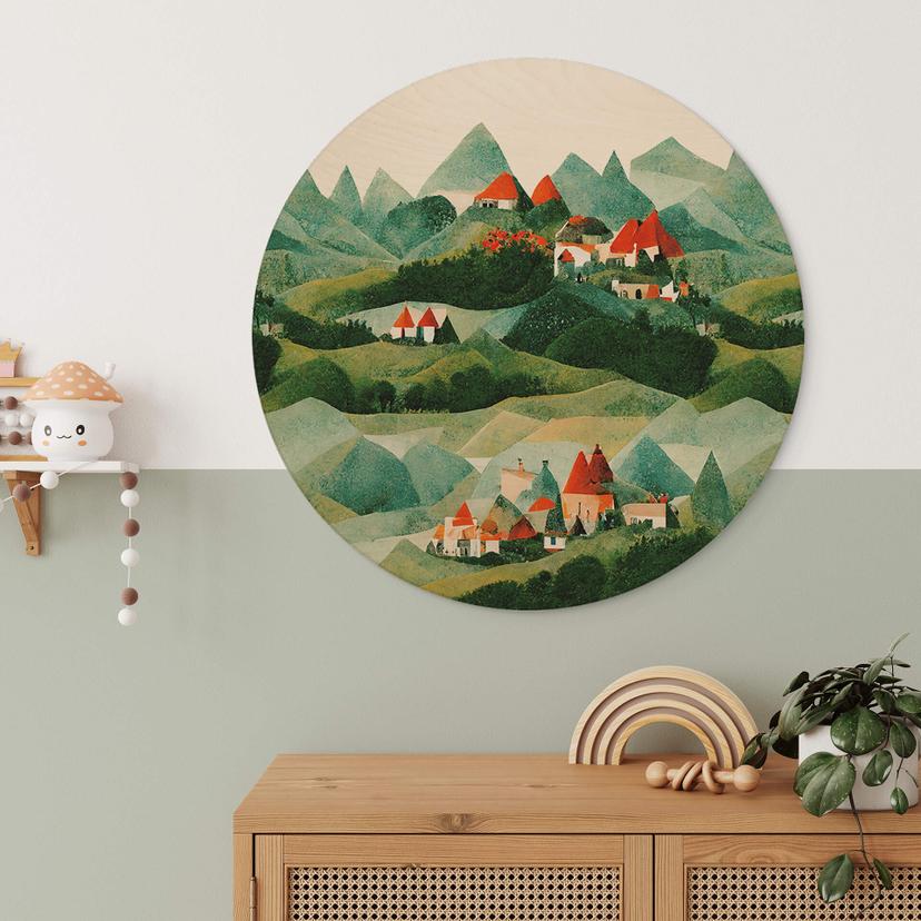 Holzbild Treechild - Kleines Dorf inmitten grüner Hügel - Rund