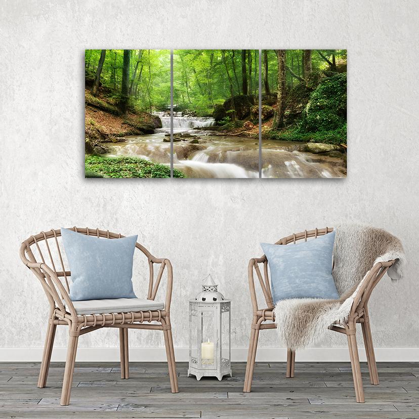 Stampa su tela 3 pezzi Cascata Foresta Ruscello Natura