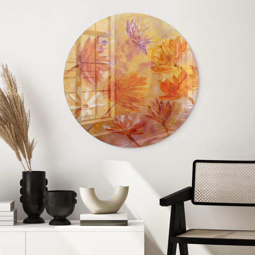 Quadro in vetro Golden Flower Rush - Pomata - Rotondo