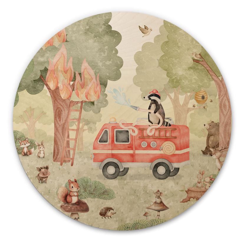 Houten Wanddecoratie Dieren Brandweer in het Bos - Oliver Robins - Rond