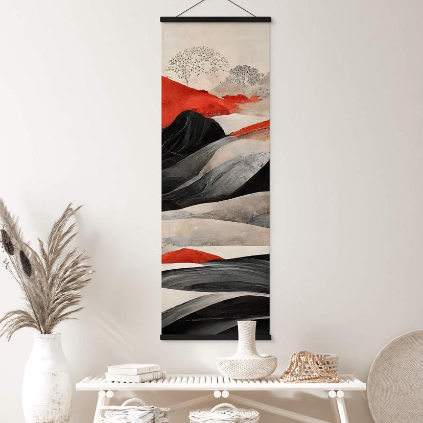 Póster de tela Treechild - Montañas rojas de estilo japonés - Panorama