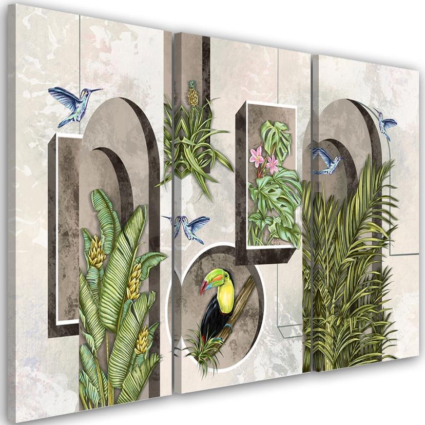 Impression sur toile 3 pièces, formes dans le mur avec des plantes et des oiseaux Toucan Koliber