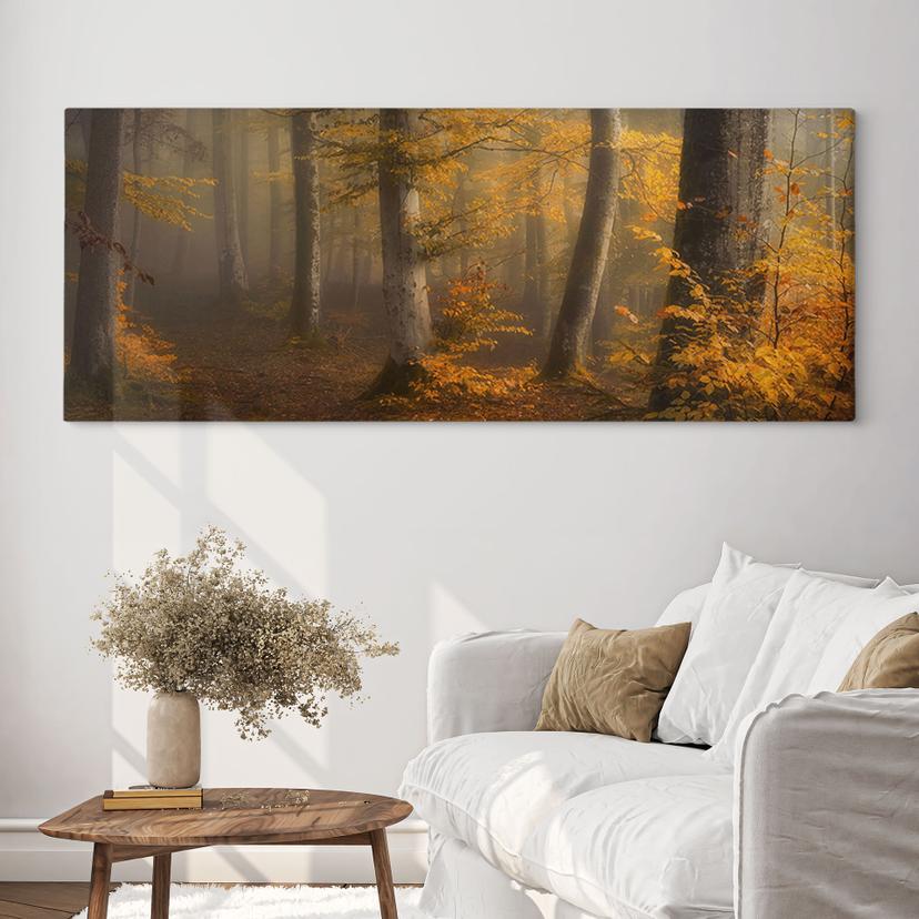 Stampe su tela Foglie d'oro in una foresta nebbiosa - Maier - Panorama