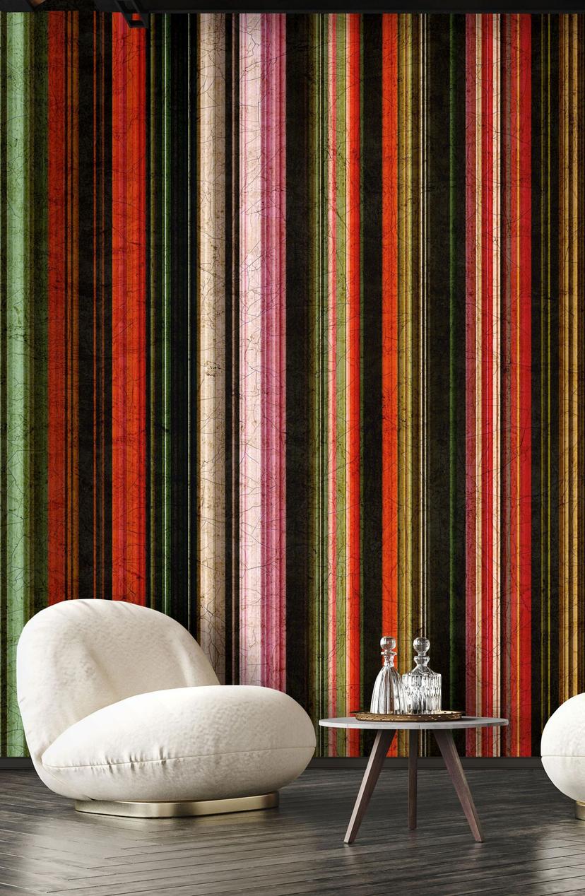 Fotomurale vintage con motivo a righe in rosso verde nero con texture patinata 3,4 x 2,65 m