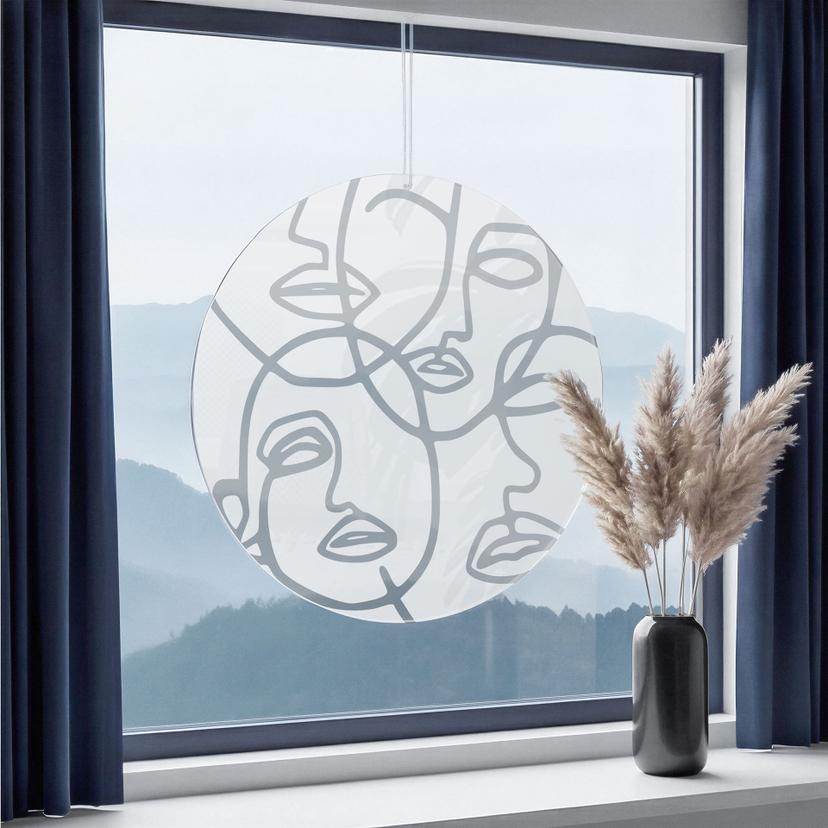 Akrylbillede, vinduesbillede til at hænge op Line Art - Faces - Round