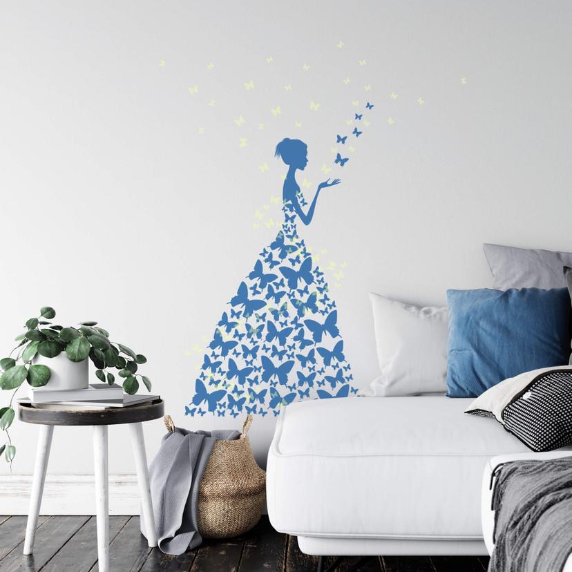 Adesivo murale - Lady con farfalle + stelle luminose