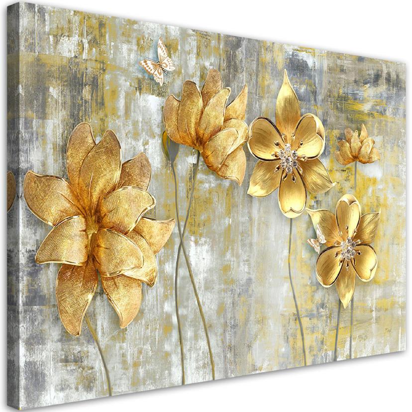 Canvasbillede, gyldne blomster og sommerfugle