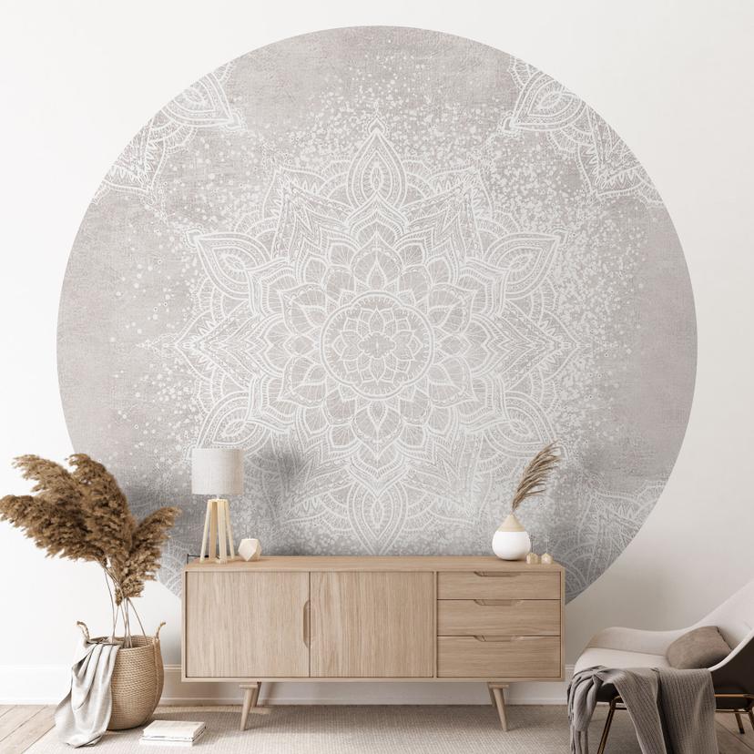 Blød mandala på grå-beige fototapet - Bloomery Decor - Rundt - Selvklæbende/ikke-vævet