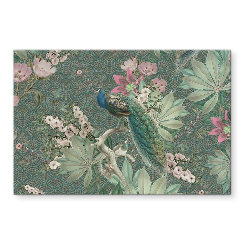 Pannello paraschizzi con pavone in giardino tropicale su mosaico - Bloomery Decor