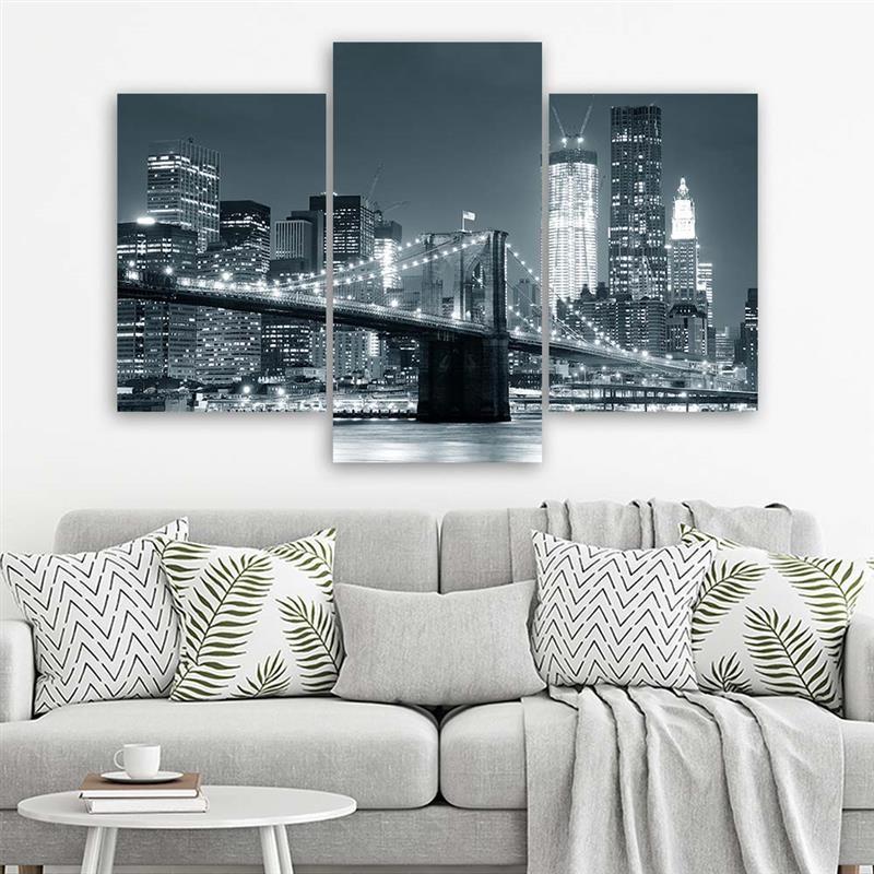 Stampa su tela 3 pezzi, New York Skyline Manhattan in bianco e nero