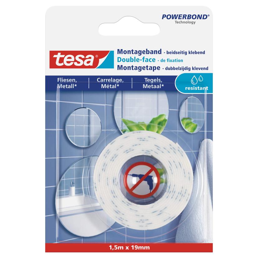 tesa® Monteringstape til fliser og metal (10 kg/m), 1,5 m x 19 mm, modstandsdygtig over for fugt