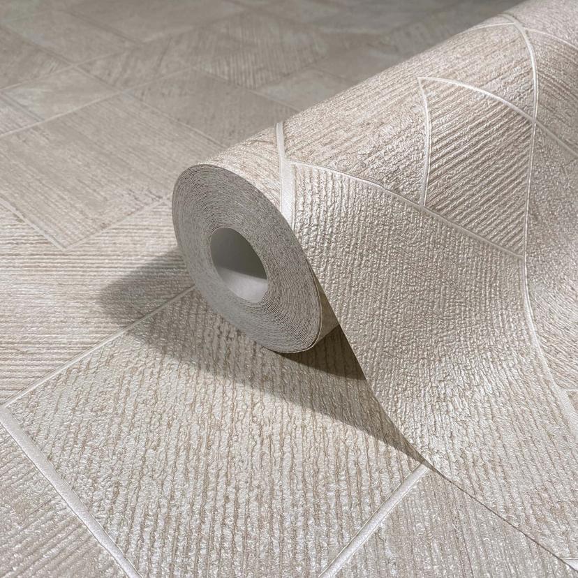 Papel pintado no tejido de color beige a cuadros, rombos gráficos geométricos