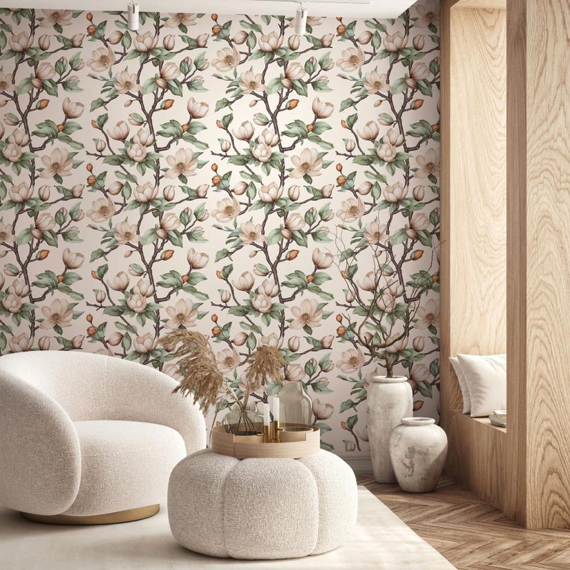 Ikke-vævet tapet grene, blomster blomster natur mat i beige brun grøn