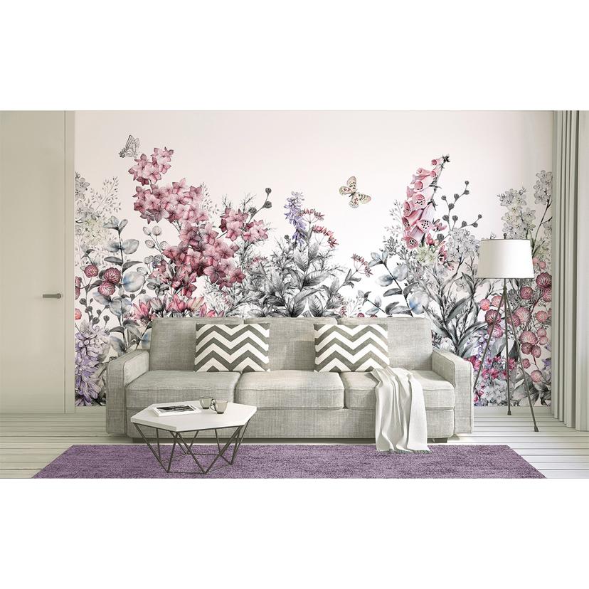 lyserød og grå non-woven tapet Designwalls FlowerPainting sommerfugl natur