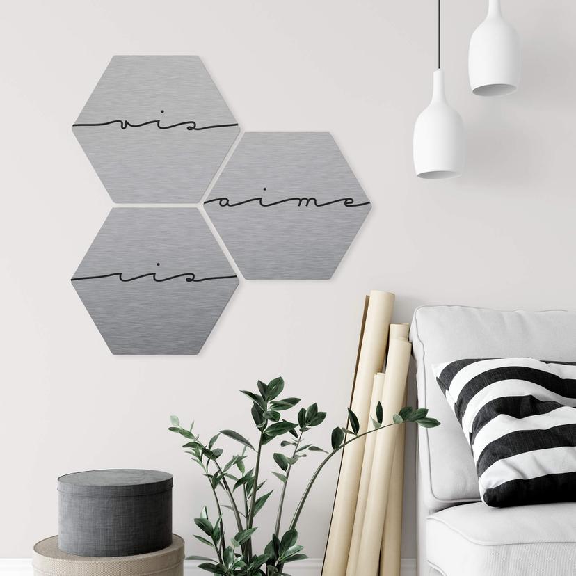 Hexagone - Alu-Dibond aspect argenté - Vis ris aime (Set de 3)