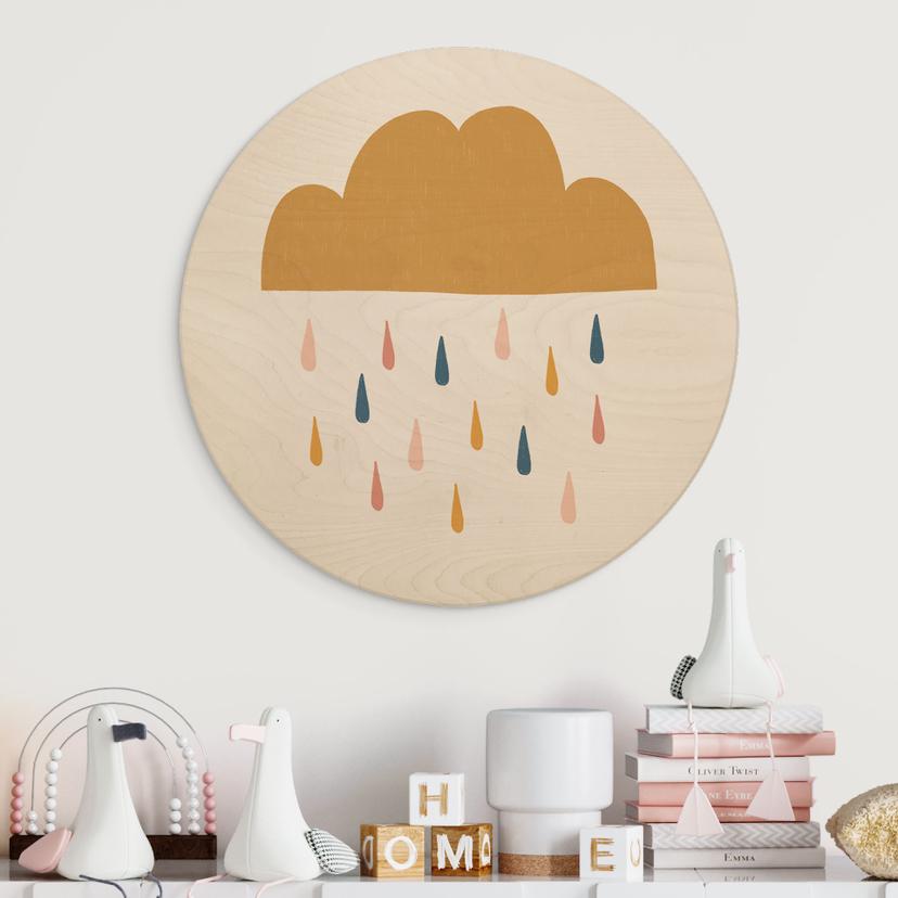 Holzbild Fröhlicher Regen in Pastelltönen | Gelbe Wolke - Menina Lisboa - Rund