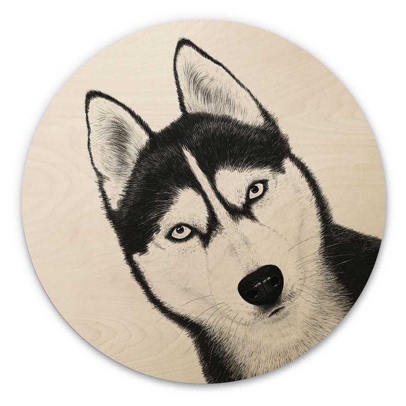 Træbillede Siberian husky - hundeportræt - Korenkova - Rund