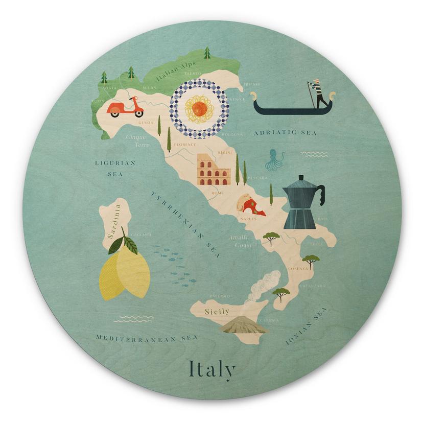 Væg cirkel træ Kort over Italien - Rivers