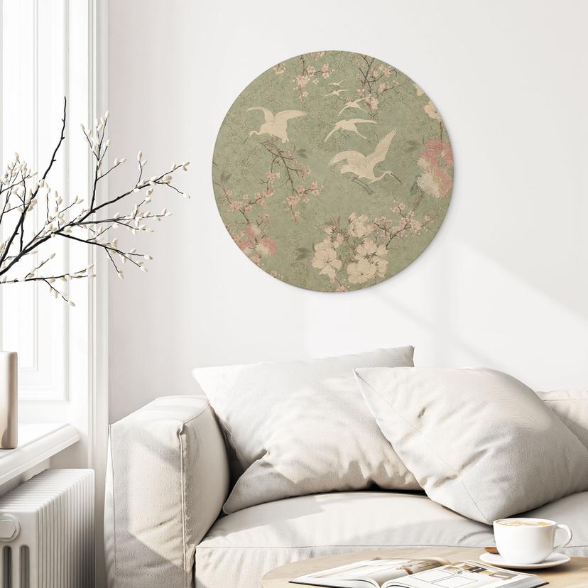 Houten Wanddecoratie Kraanvogels in Kersenbloesem Rush Green - Bloemdecor - Rond