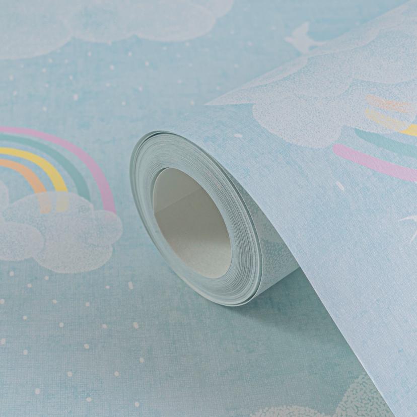 Papel pintado Nube con arco iris azul colorido - papel pintado cuarto de niños con pájaros