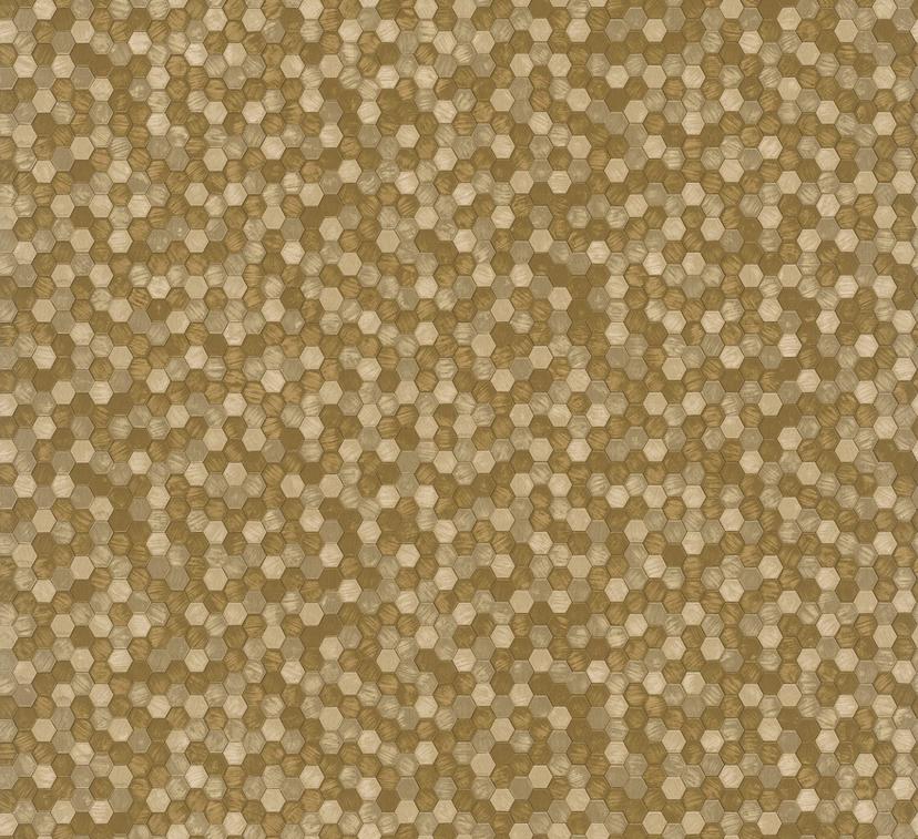 Papel pintado no tejido hexagonal, azulejo metálico aspecto moderno, geométrico brillante en oro