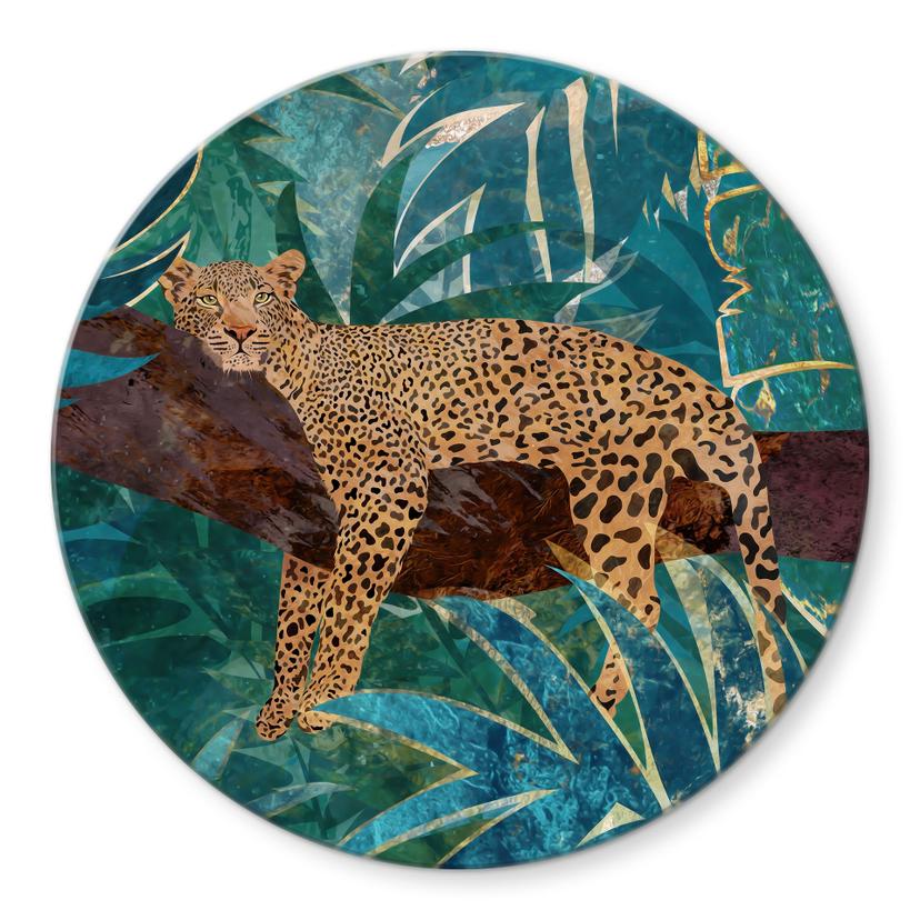 Glasbillede - Leopard i smaragdgrøn jungle - Manovski - Rund