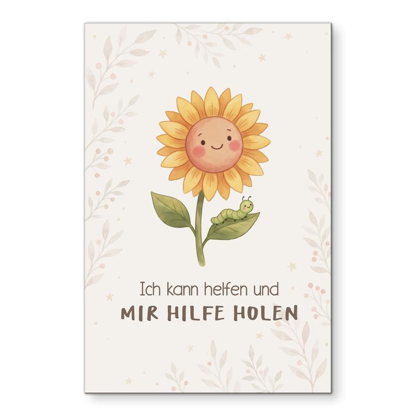 Alu-Dibond Wandbild mit Sonnenblume und Raupe - Kraftsatz 'Ich kann helfen' für Kinder