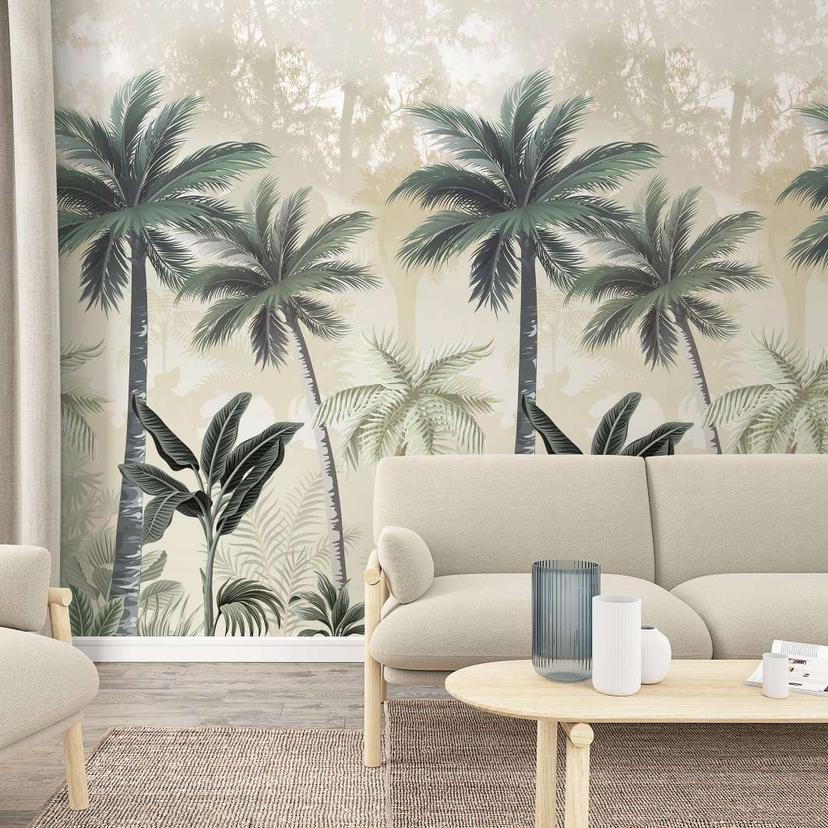 Fototapet med palmer grøn, beige, blomster 2,70 x 1,59 m