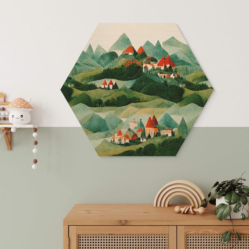 Hexagon Holzbild Treechild - Kleines Dorf inmitten grüner Hügel