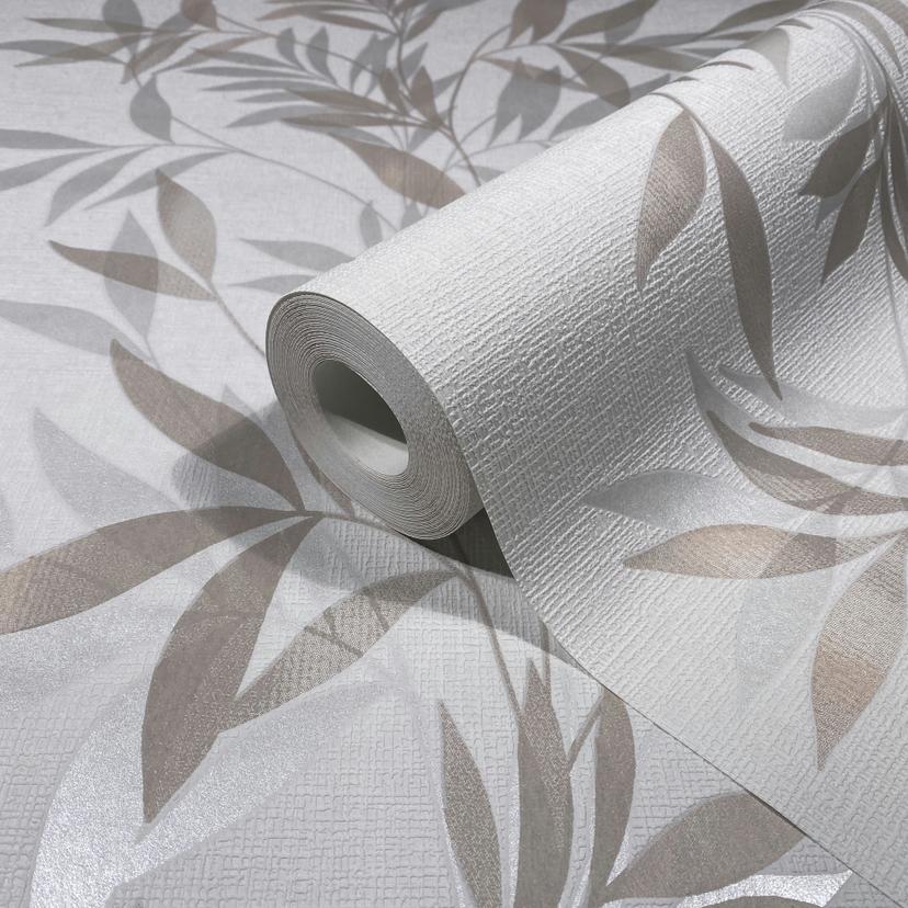 Non-woven tapet i vitt, beige bladmotiv bladlook blommig natur