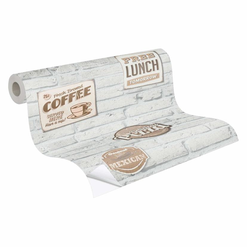 Carta da parati autoadesiva e vinile per mobili - caffè e pizza - bianco, beige - rotolo 840x53 cm