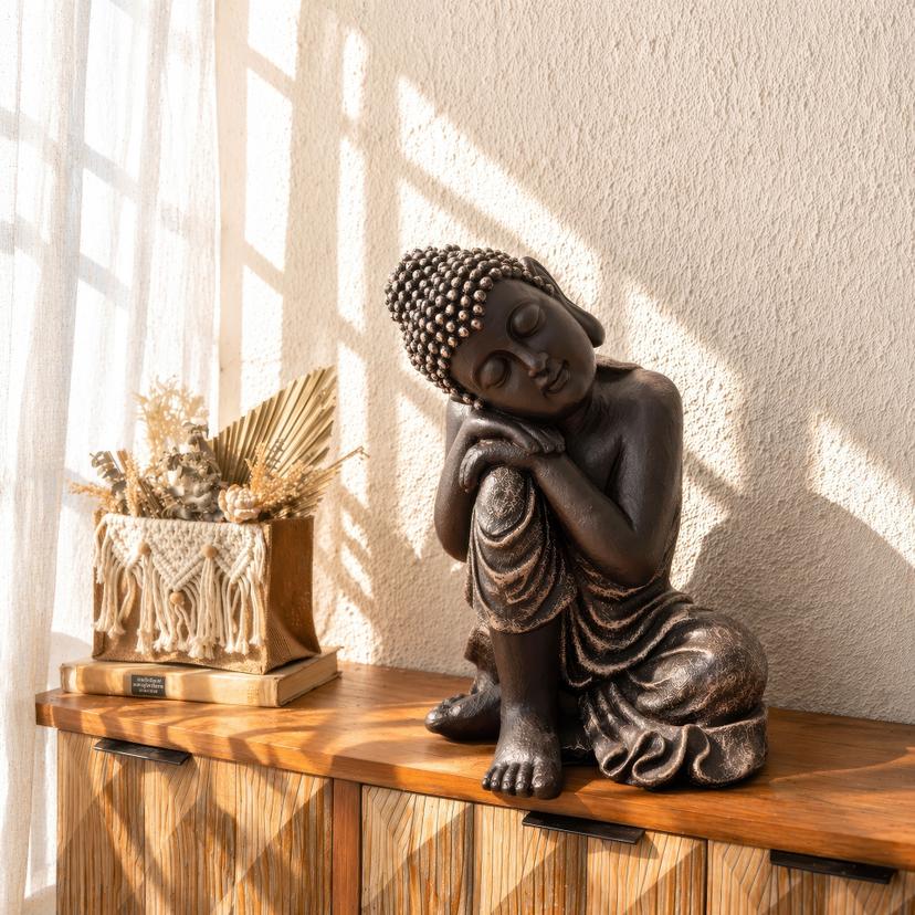 Schlafender Buddha aus Kunststein, schwarz | 34x31x40 cm