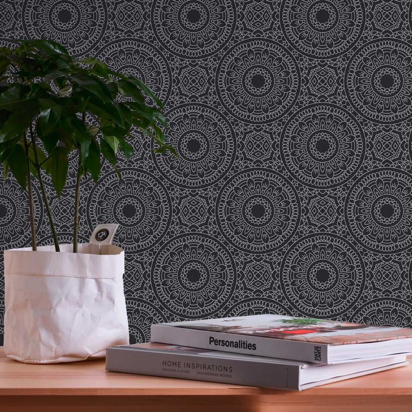 Papel pintado gráfico mandala negro plata - papel pintado estilo boho - papel pintado tejido-no teji