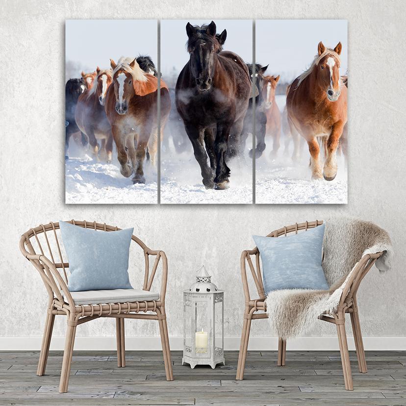 Stampa su tela 3 pezzi, Quarter Horses al galoppo invernale