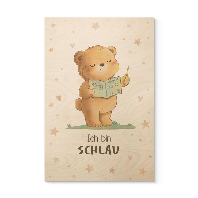 Holzbild mit lesendem Bär - Glaubenssatz 'Ich bin schlau' fürs Kinderzimmer