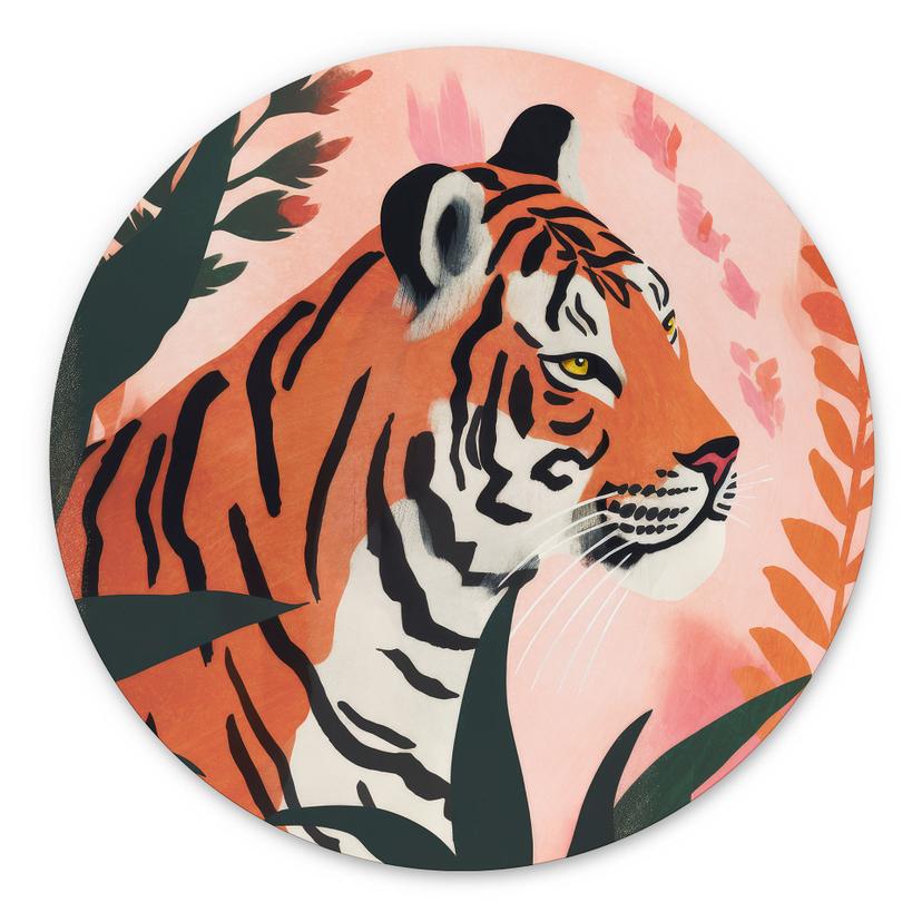 Vægcirkel Tiger i en lyserød jungle - Treechild – print på aluminium (Alu-Dibond)