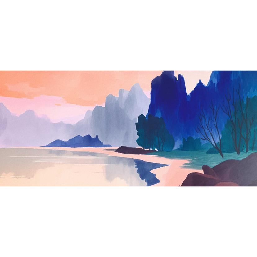 Carta da parati paesaggio montagna lago al tramonto - aspetto acquerello