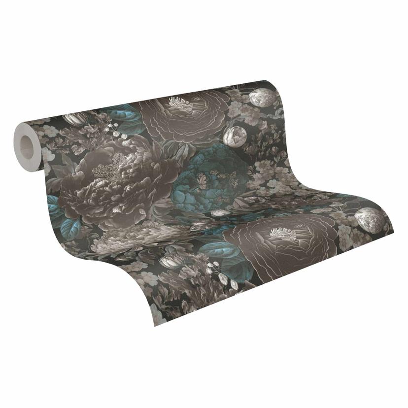 Papel pintado floral con peonias negro gris petróleo - Papel pintado no tejido efecto vintage