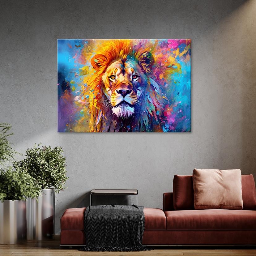 Stampa su tela con astrazione di leone colorato