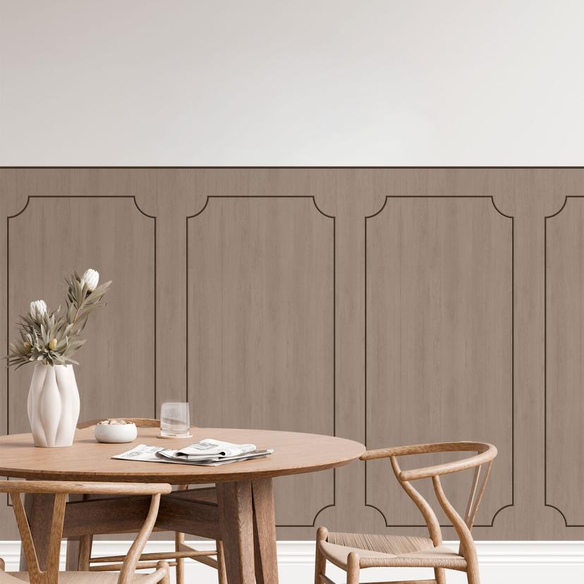 Wandpanelen Wandbekleding taupe met houtnerf met sierbiesoptiek