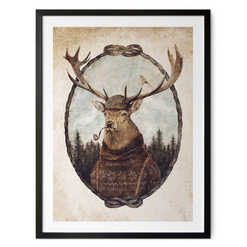 Plakat vintage hjort med pibe | dyreportræt til stuen - Koubou